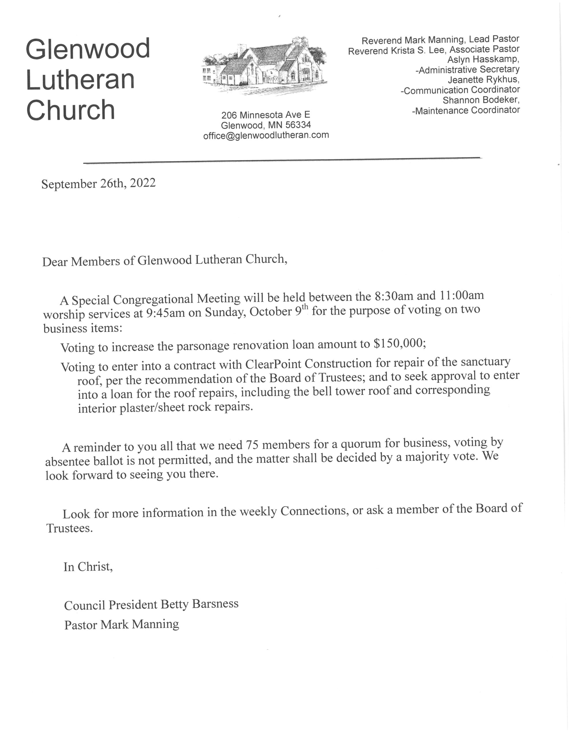 Meeting letter glenwood lutheran church elca